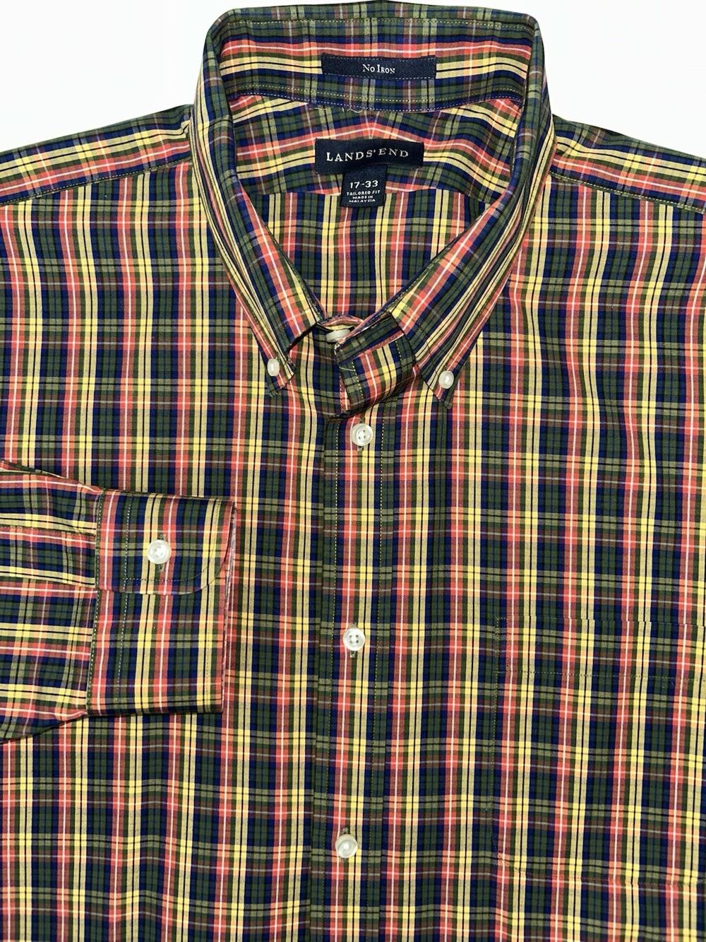 Lands End No Iron Red Green Yellow Plaid Button Down Shirt Men’s Large NWOT